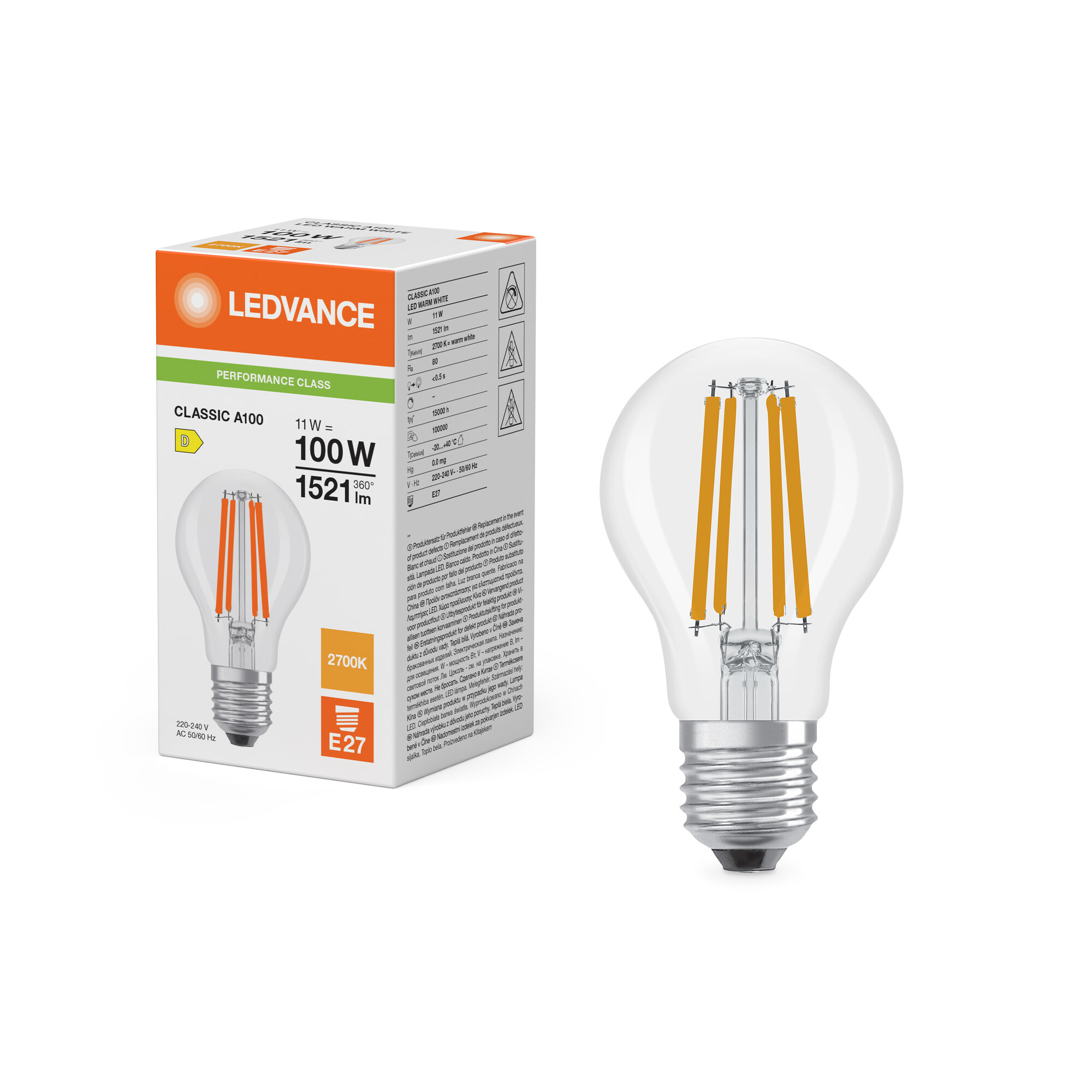 ledvance Standardlampa performance cla cla 11w/827 1521lm e27 cl