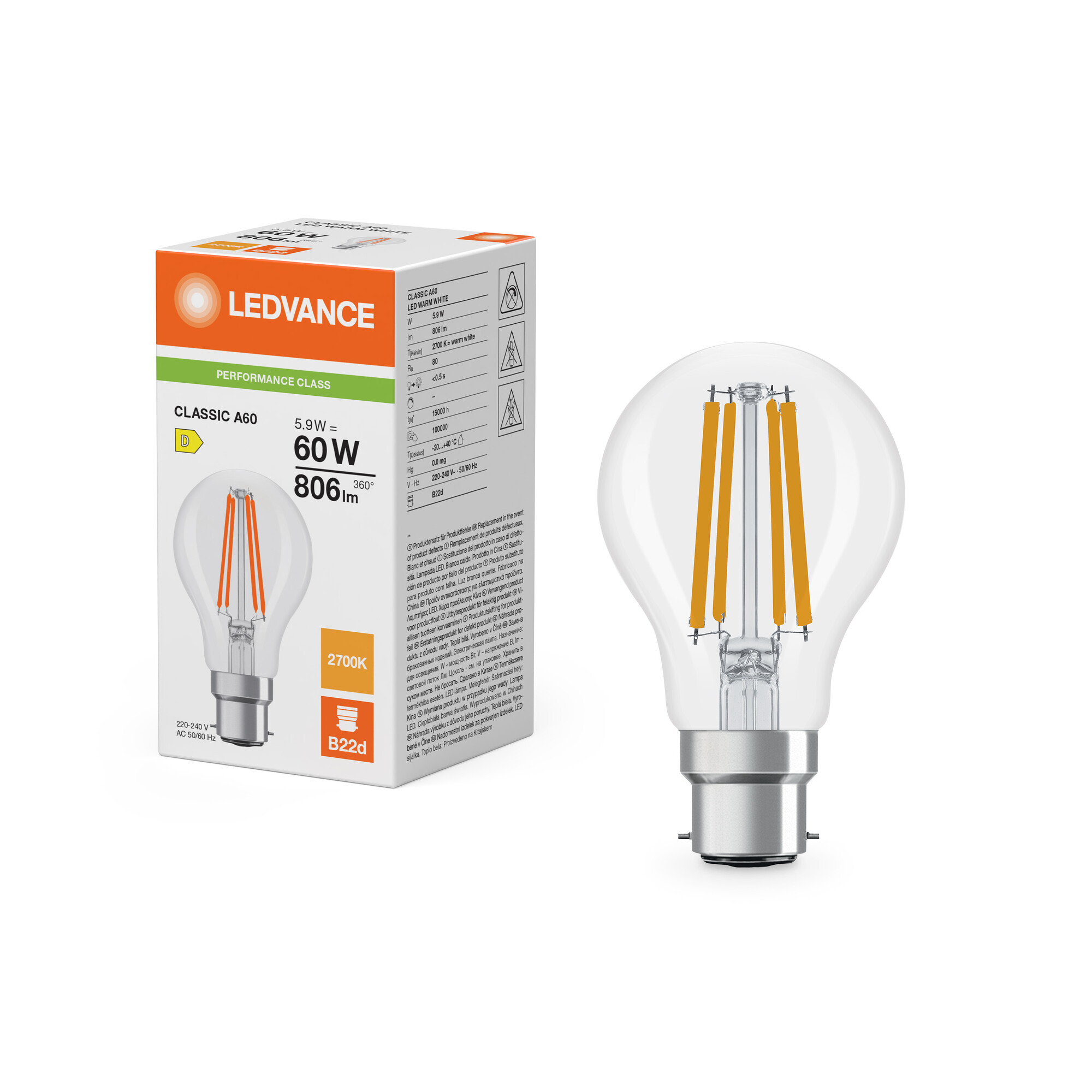 ledvance Standardlampa performance cla cla 5,9w/827 806lm b22d cl