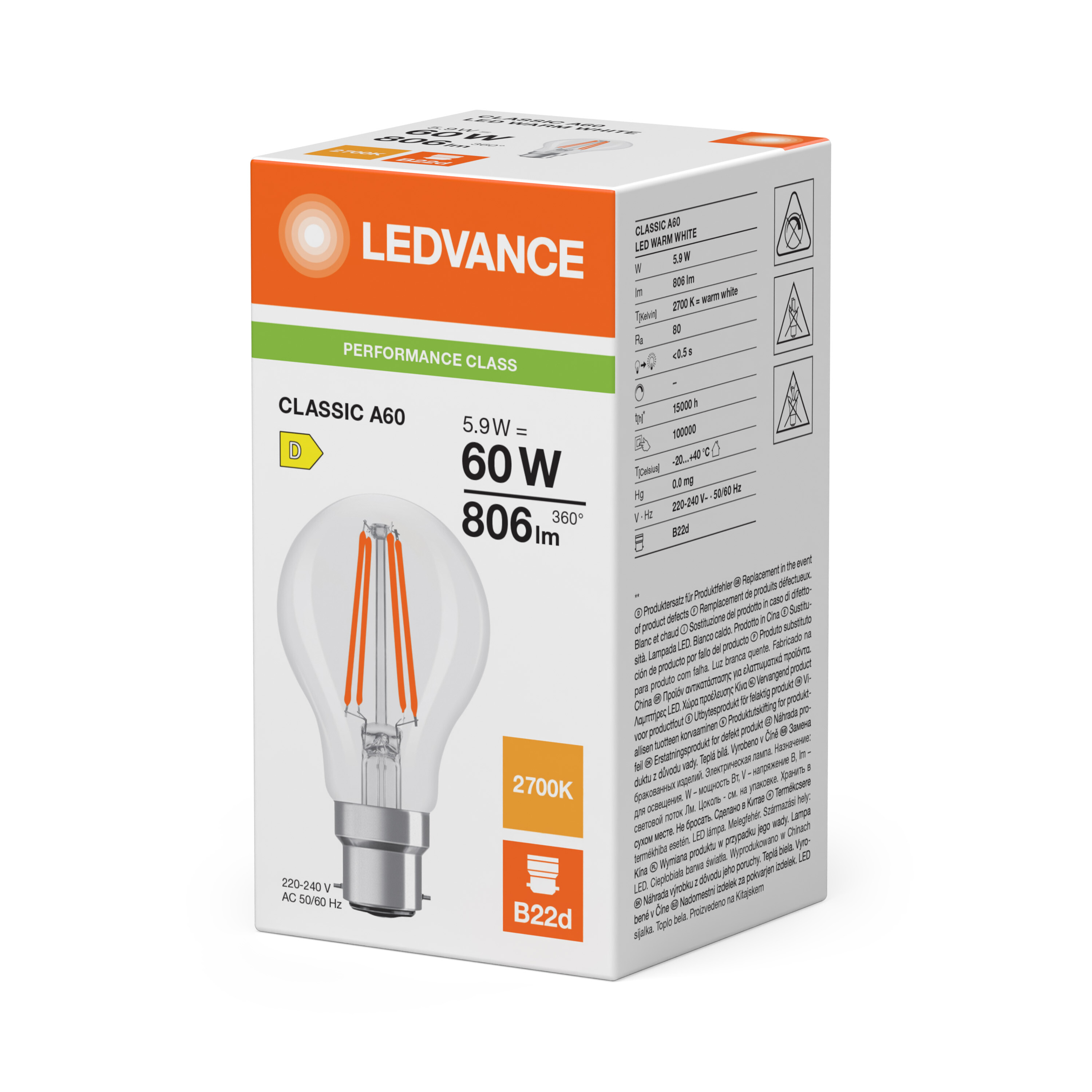 ledvance Standardlampa performance cla cla 5,9w/827 806lm b22d cl