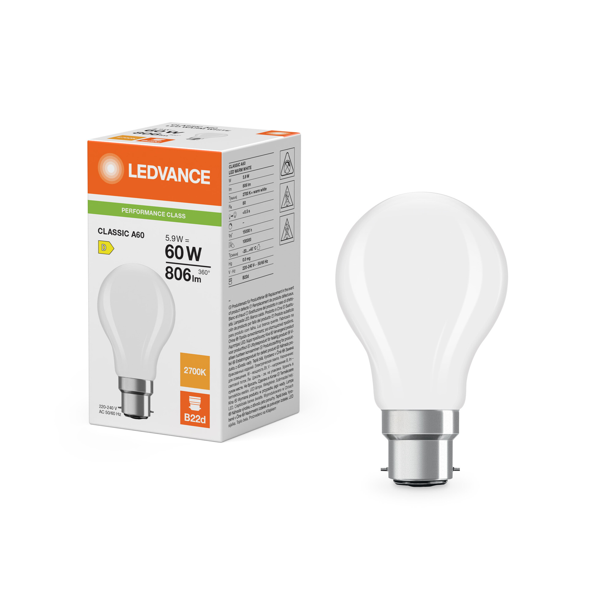 ledvance Standardlampa performance cla cla 5,9w/827 806lm b22d fr