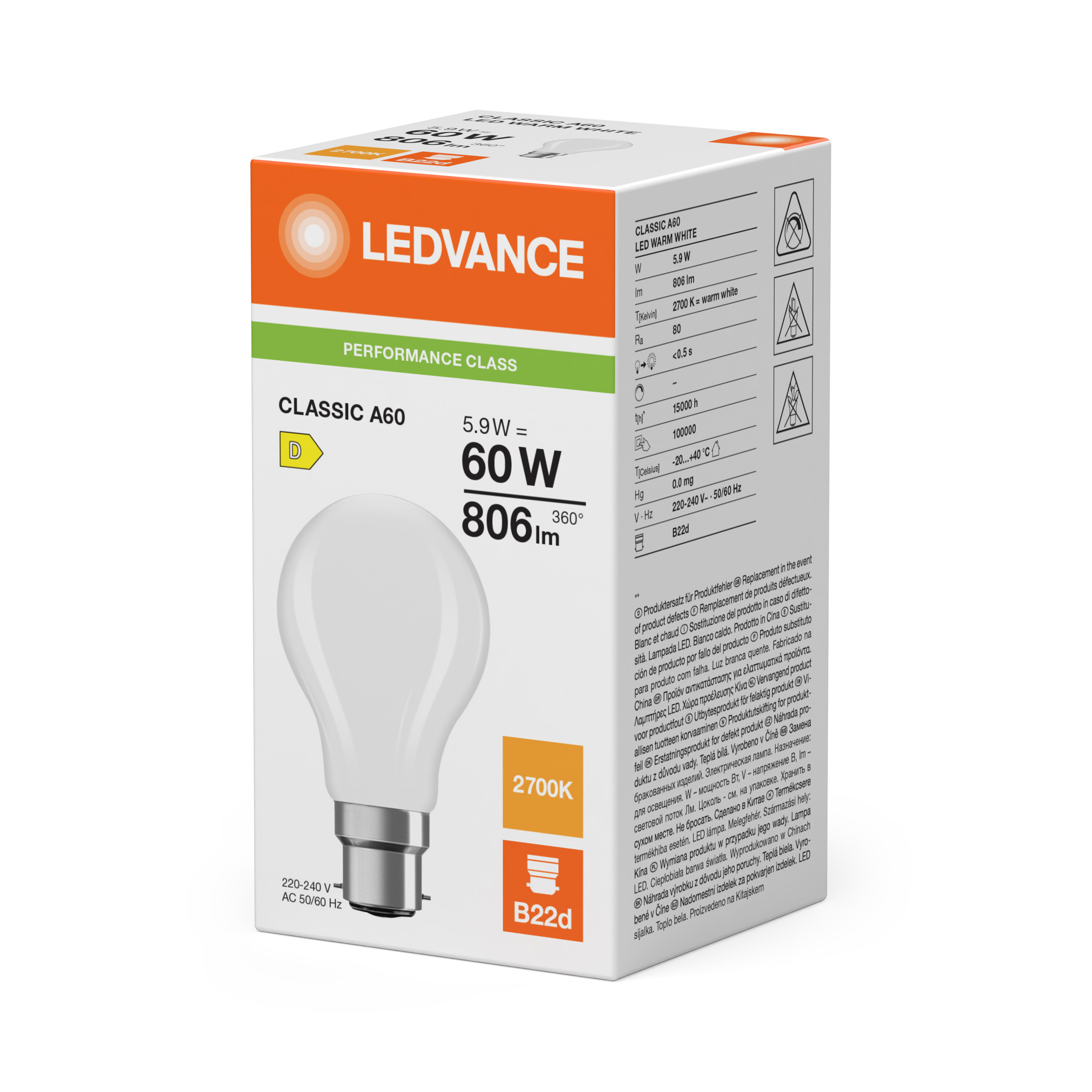 ledvance Standardlampa performance cla cla 5,9w/827 806lm b22d fr