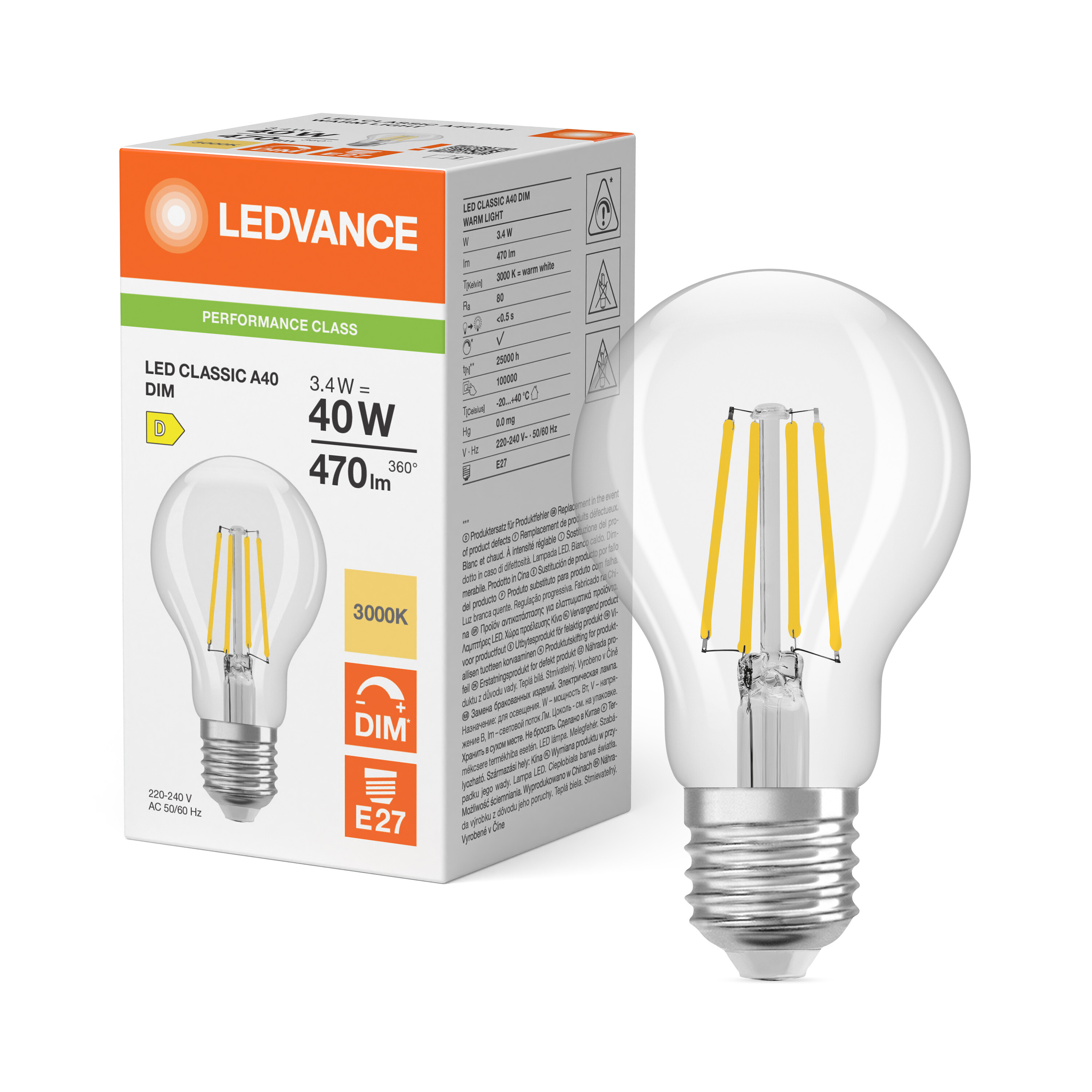 ledvance Ledpære cla 40 dim 470lm 830 cl e27 p