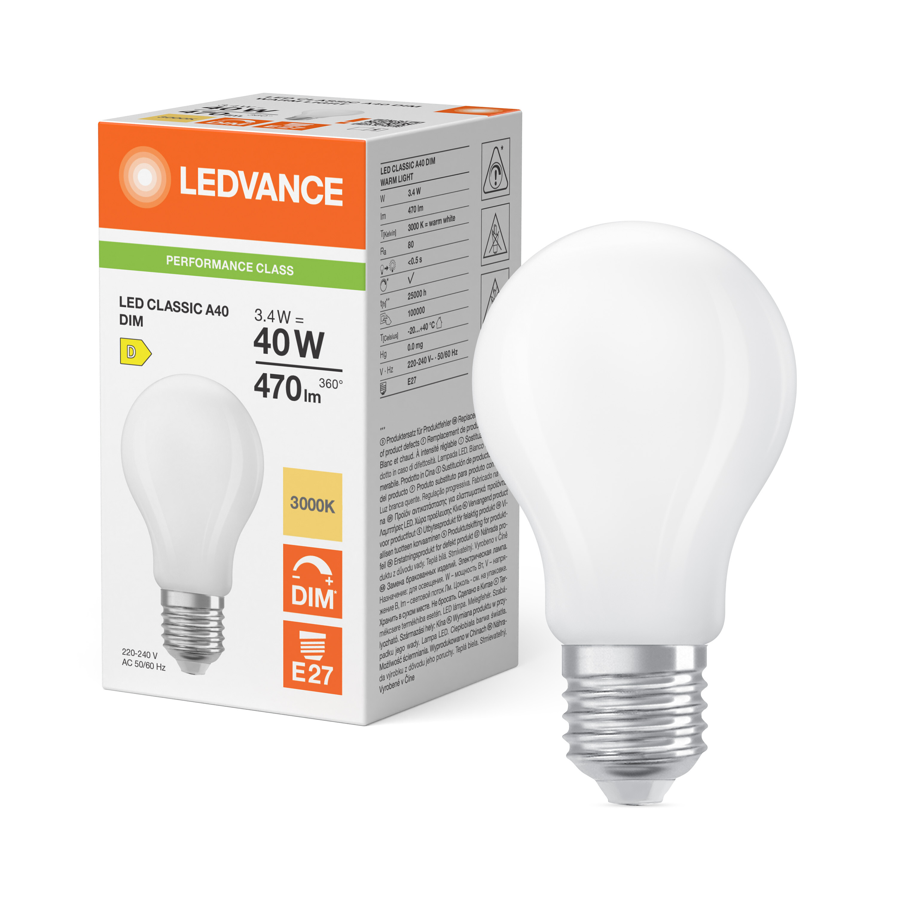 ledvance Ledpære cla 40 dim 470lm 830 fr e27 p