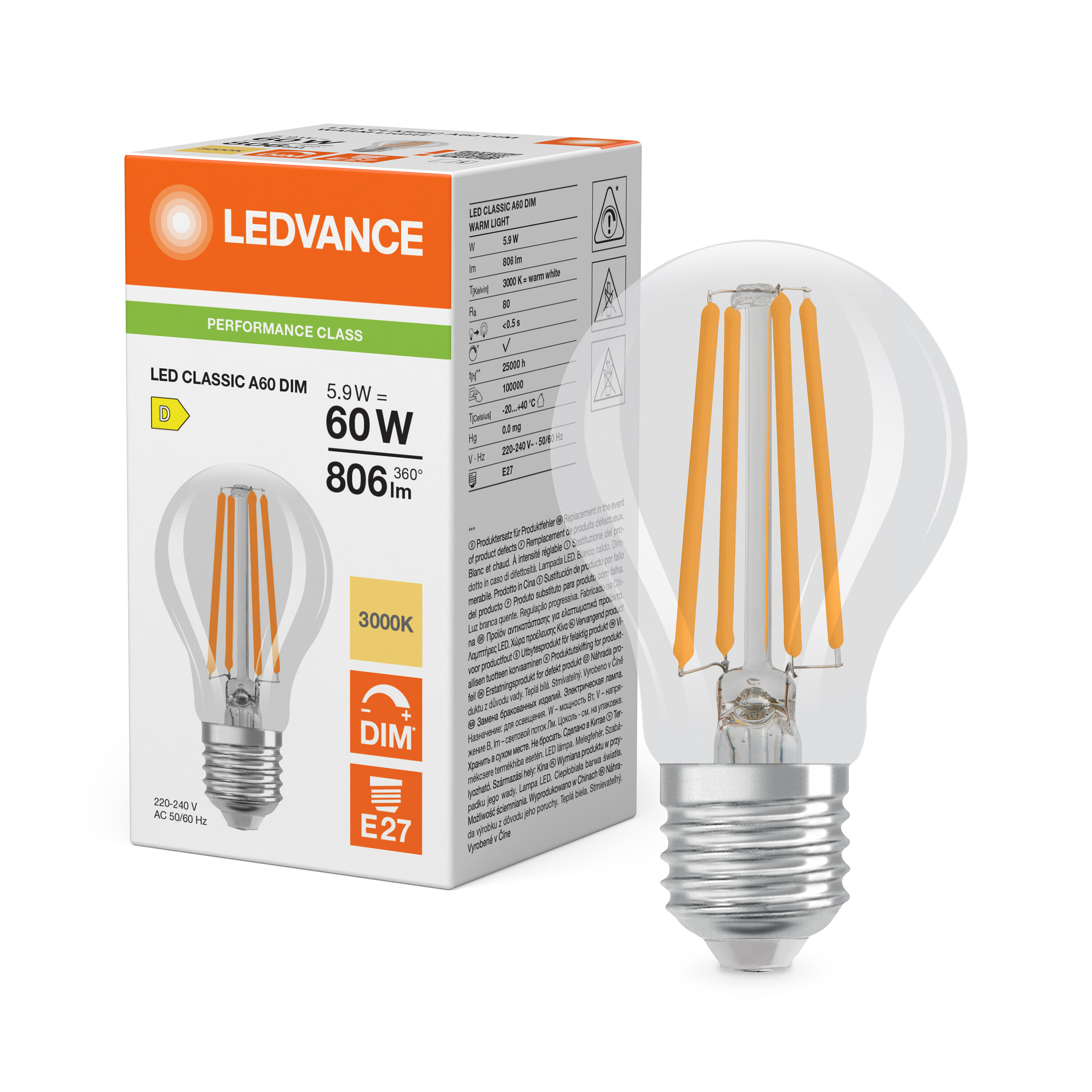 ledvance Ledpære cla 60 dim 806lm 830 cl e27 p