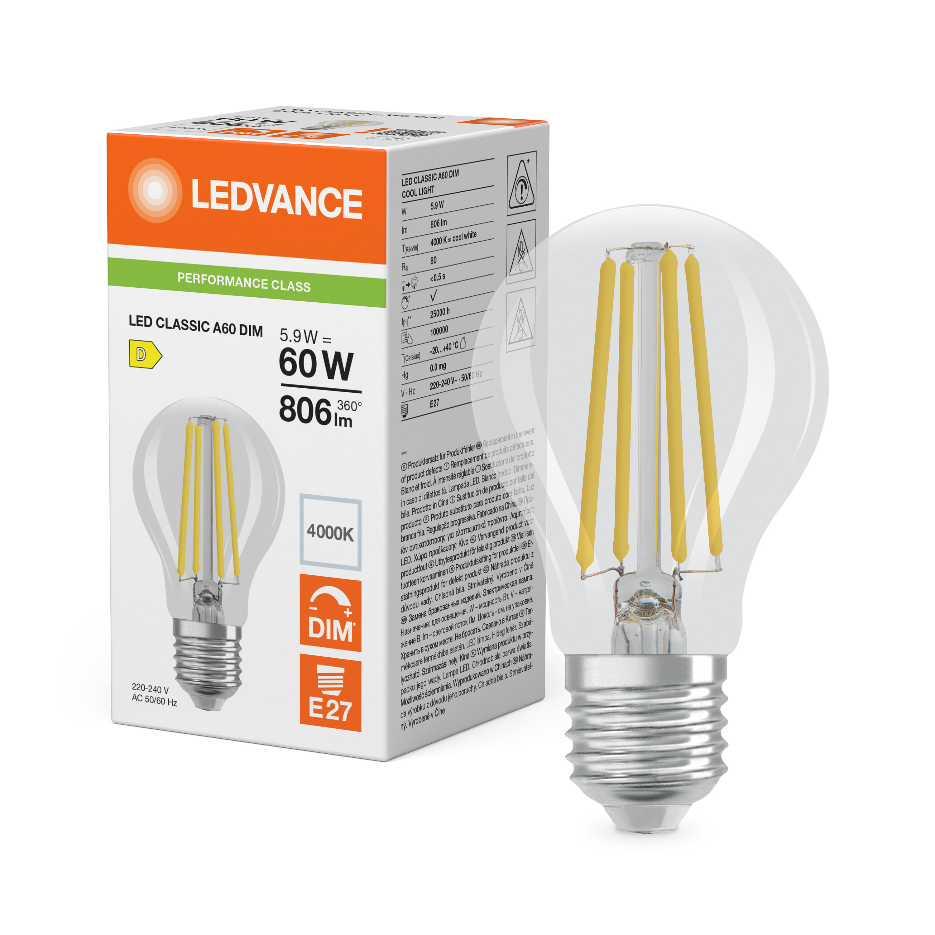 ledvance Ledpære cla 60 dim 806lm 840 cl e27 p