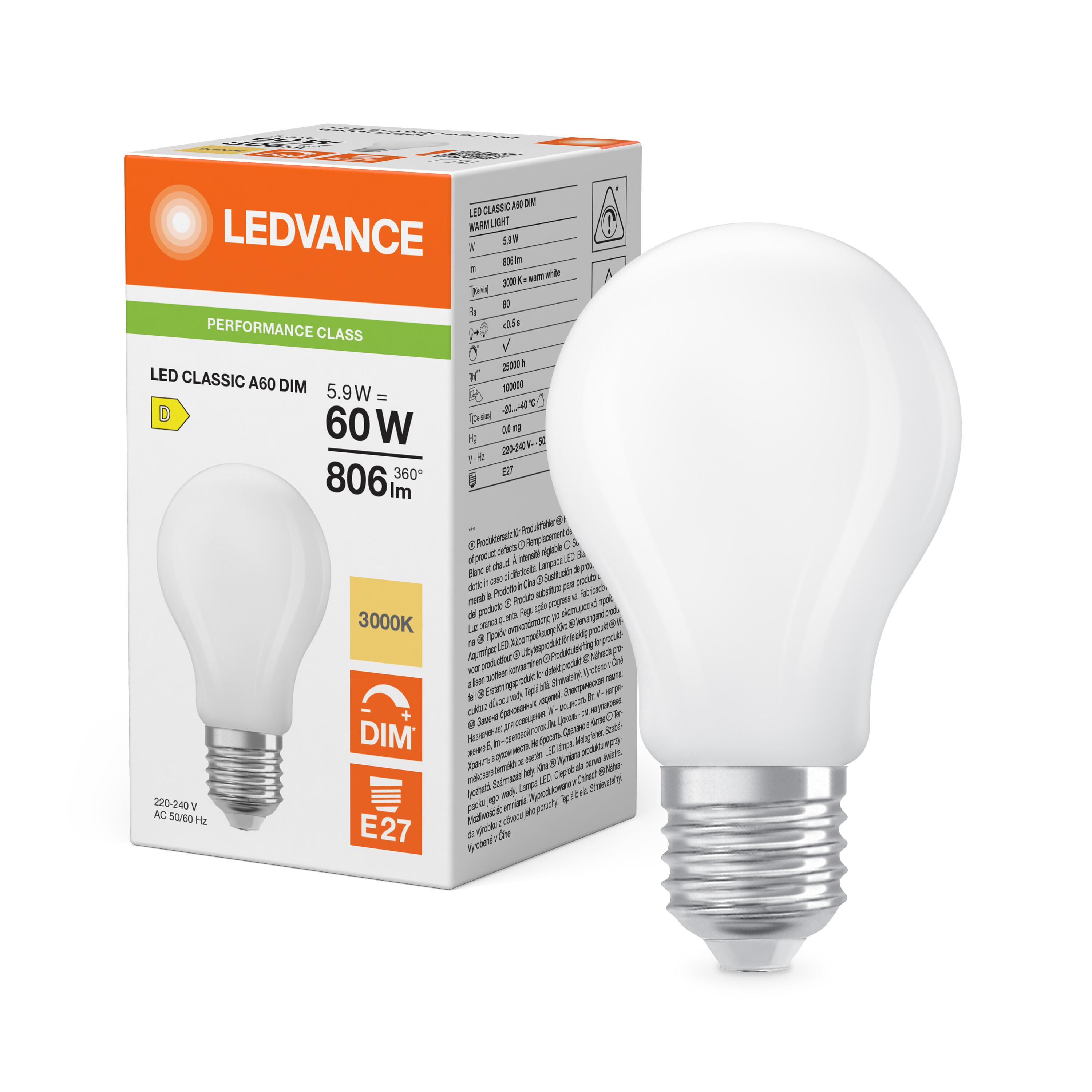 ledvance Ledpære cla 60 dim 806lm 830 fr e27 p