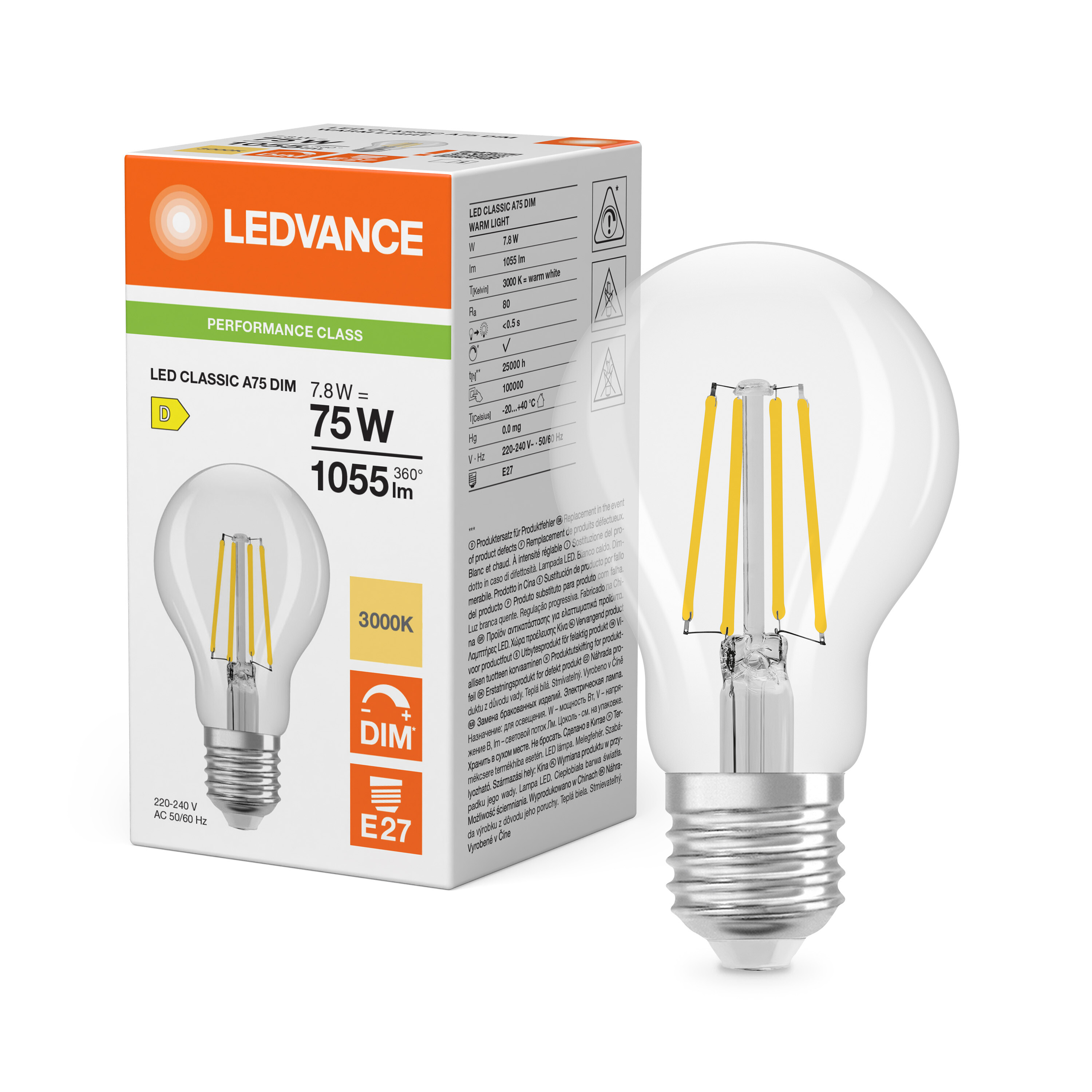 ledvance Ledpære cla 75 dim 1055lm 830cl e27 p