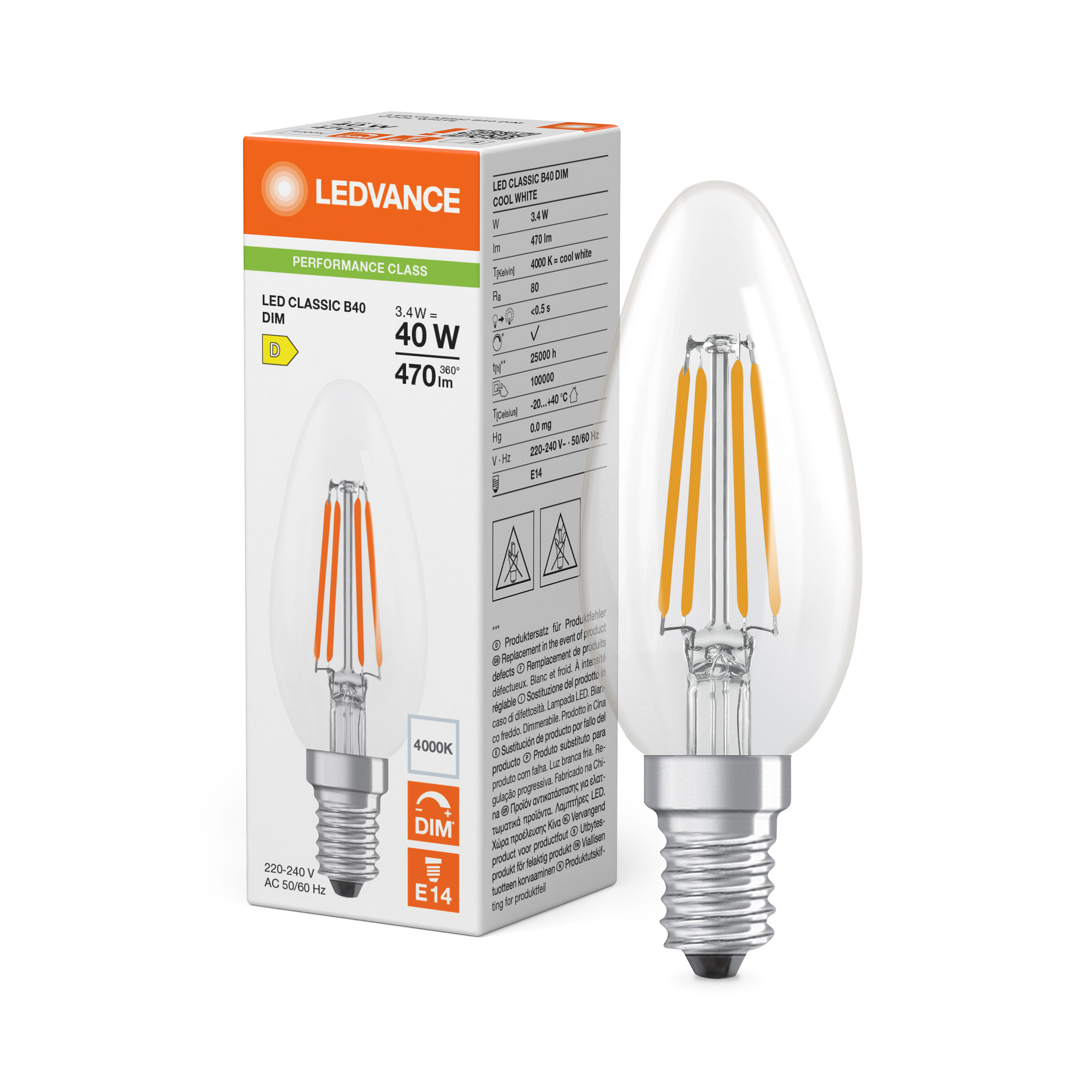 ledvance Ledpære clb 40 dim 470lm 840 cl e14 p