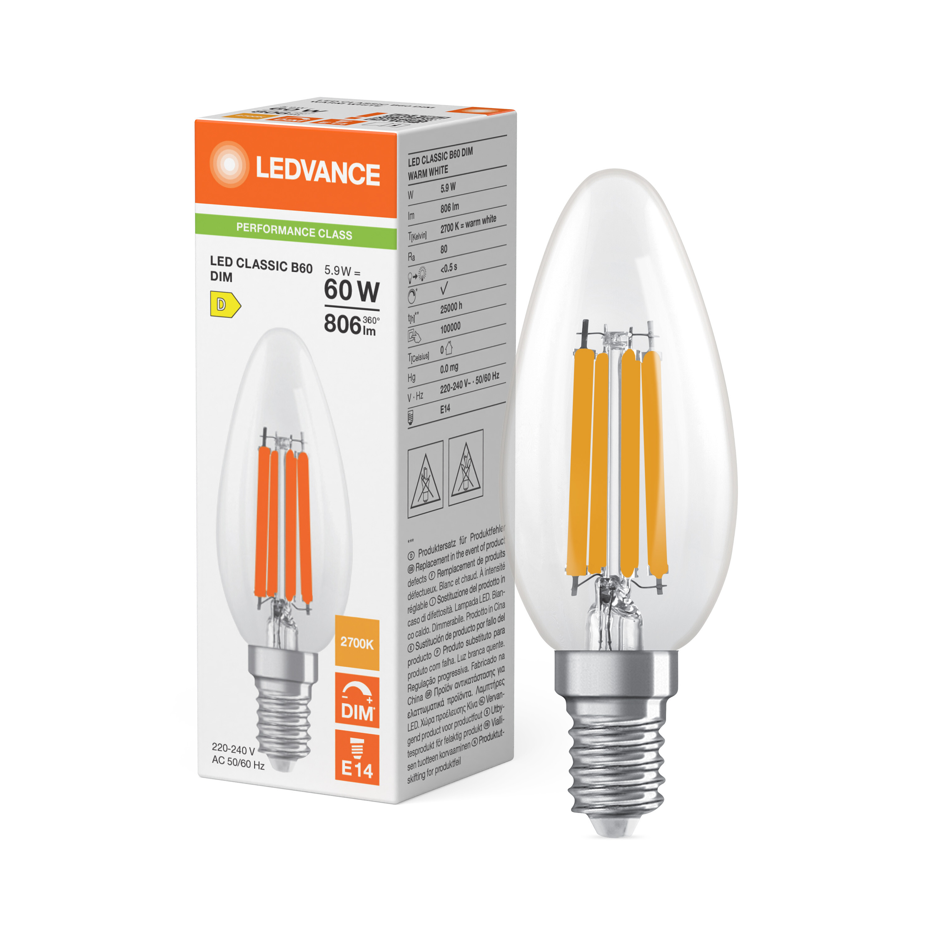 ledvance Ledpære clb 60 dim 806lm 827 cl e14 p