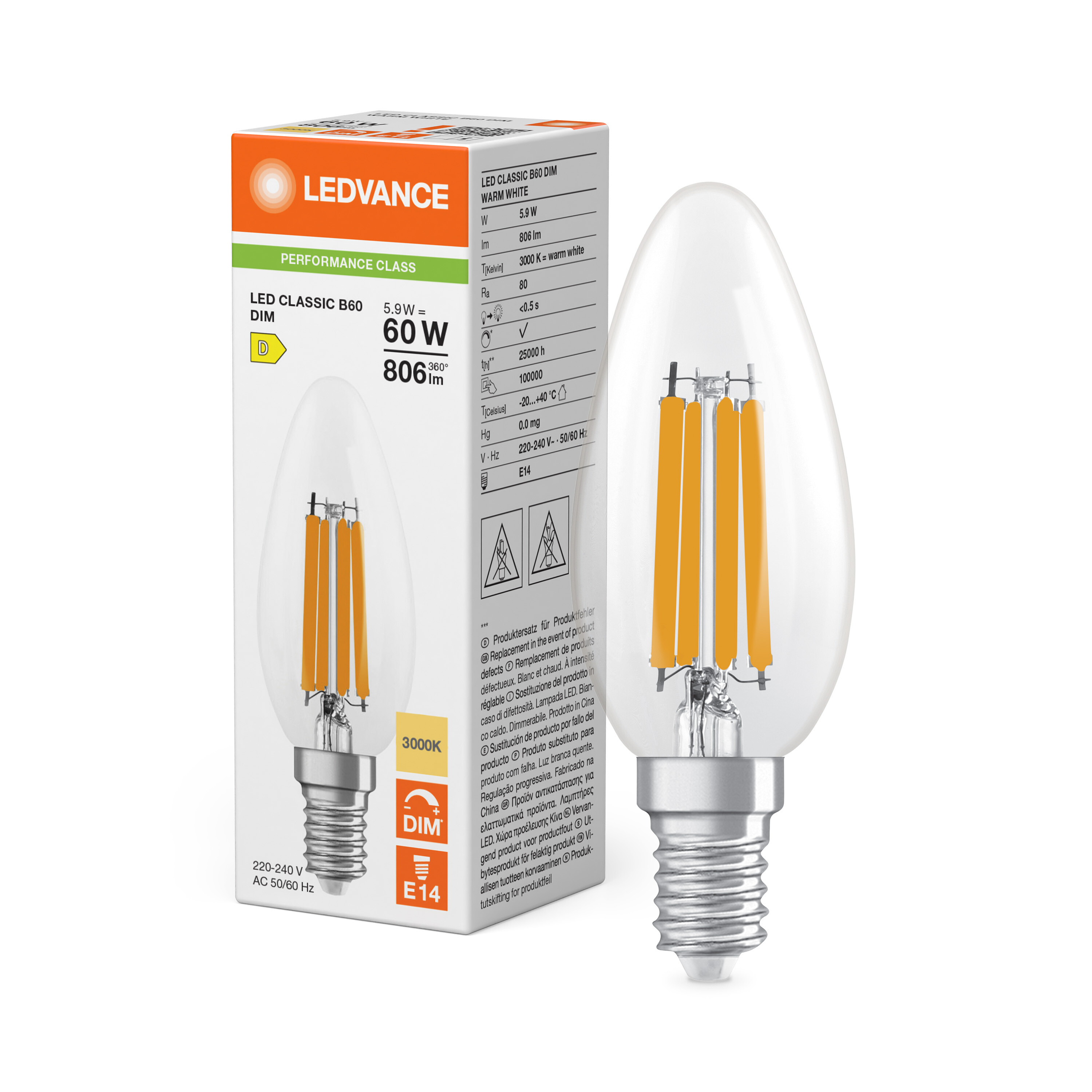 ledvance Ledpære clb 60 dim 806lm 830 cl e14 p