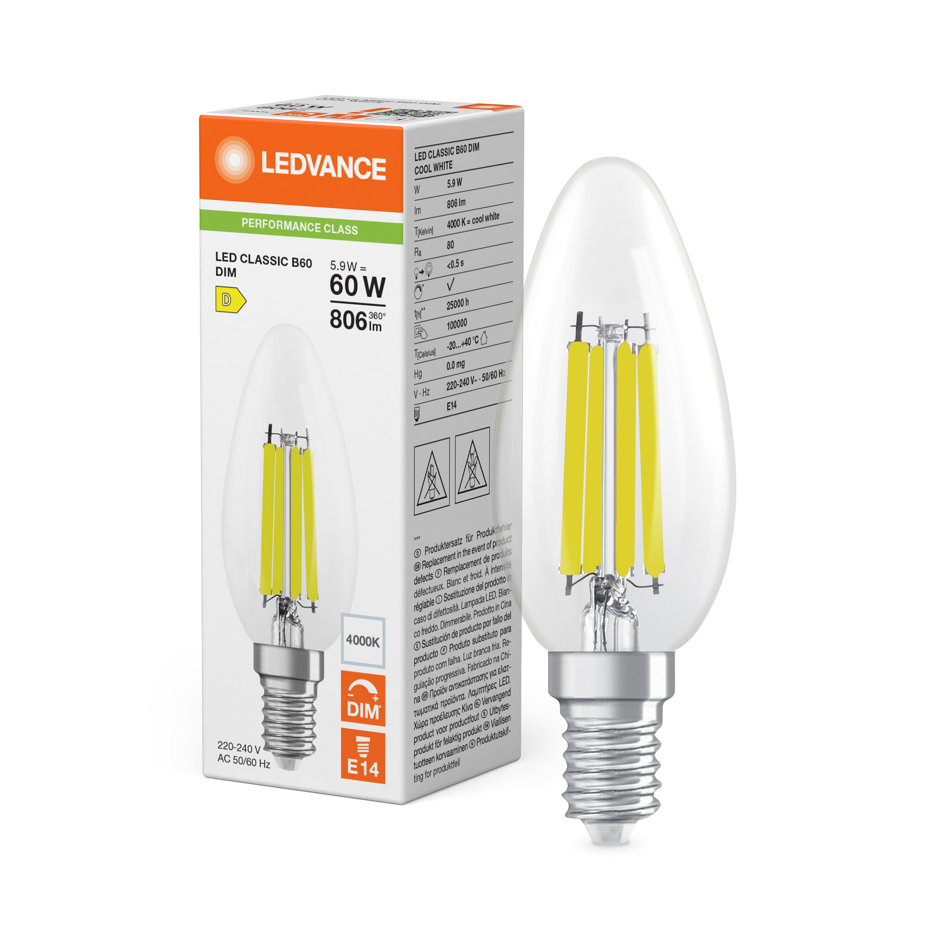 ledvance Ledpære clb 60 dim 806lm 840 cl e14 p