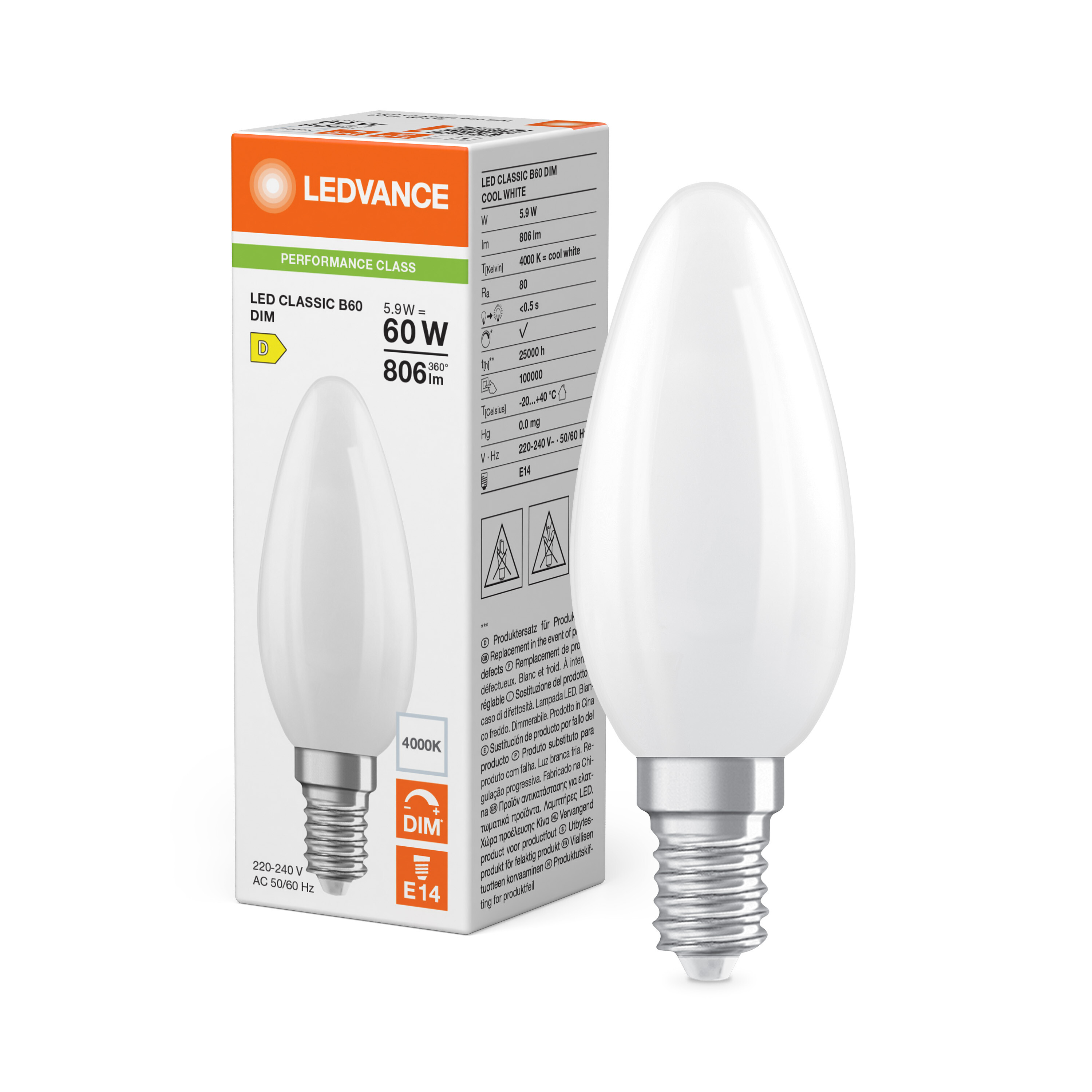 ledvance Ledpære clb 60 dim 806lm 840 fr e14 p