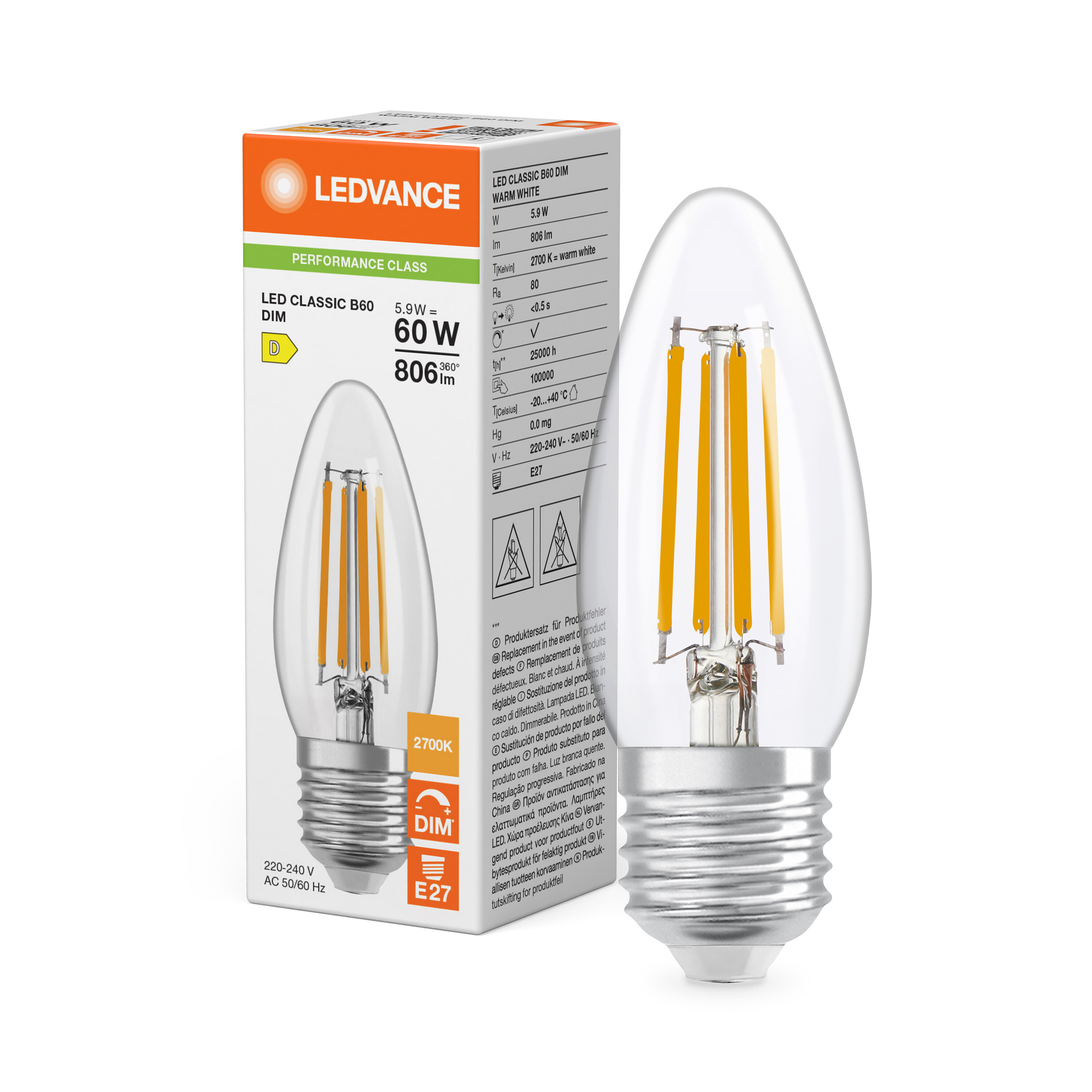 ledvance Ledpære clb 60 dim 806lm 827 cl e27 p