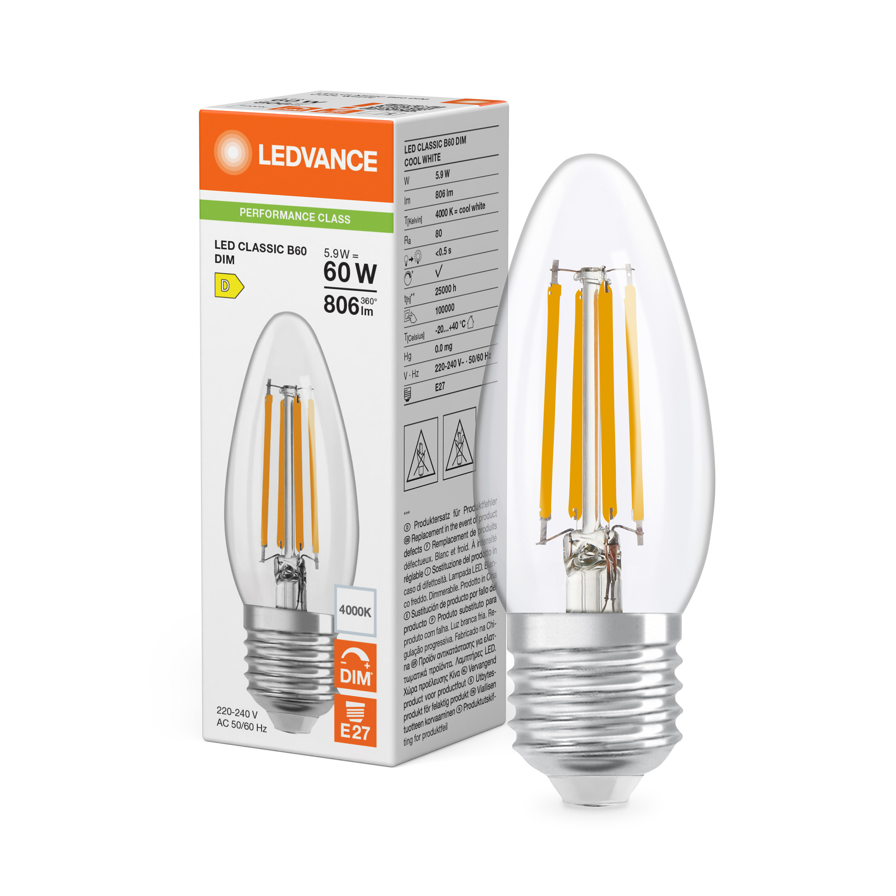 ledvance Ledpære clb 60 dim 806lm 840 cl e27 p