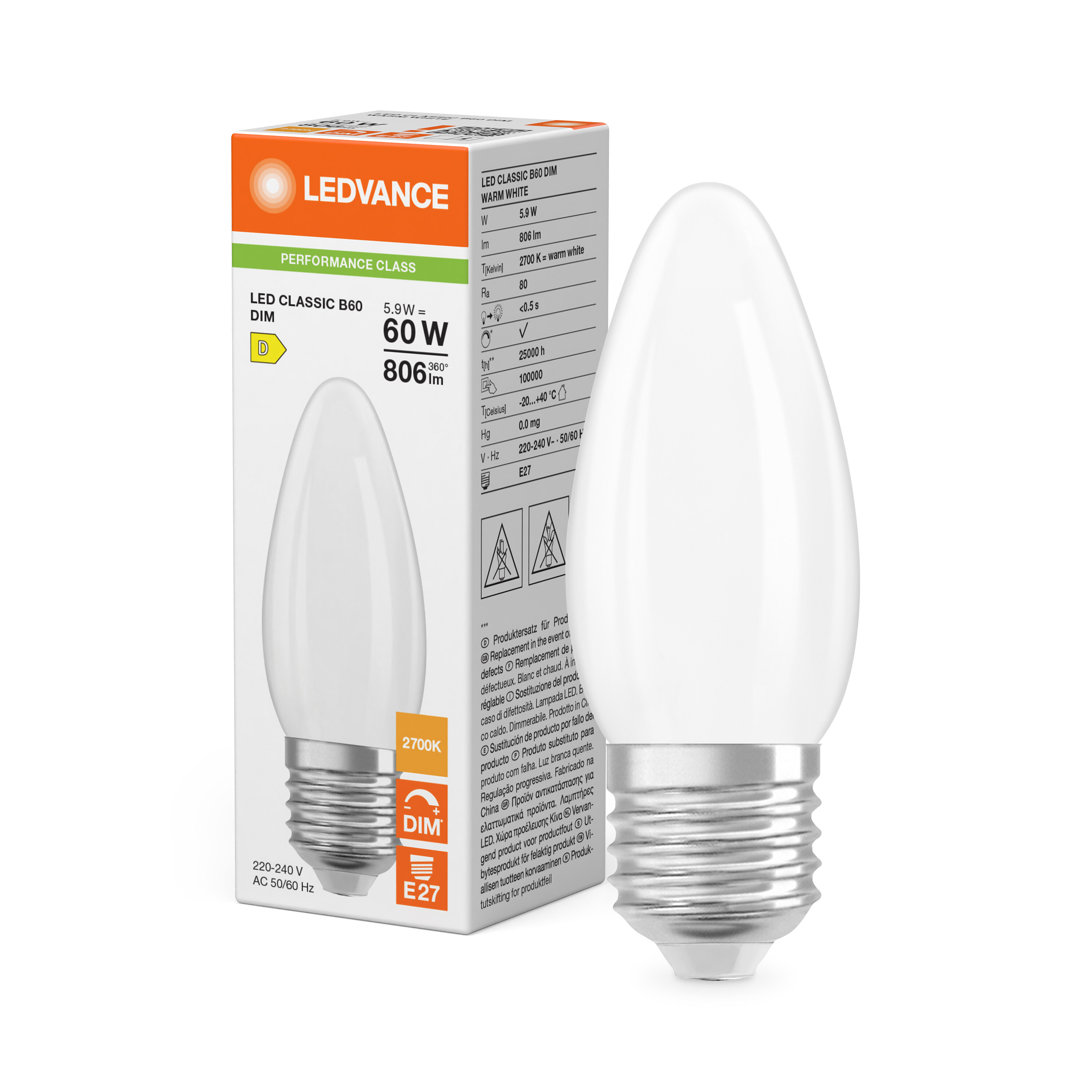 ledvance Ledpære clb 60 dim 806lm 827 fr e27 p