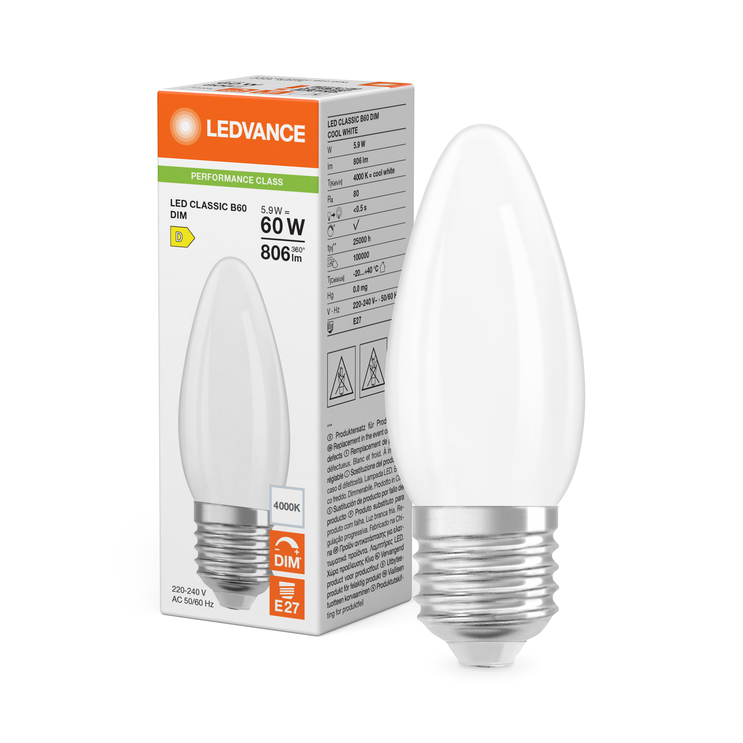 ledvance Ledpære clb 60 dim 806lm 840 fr e27 p