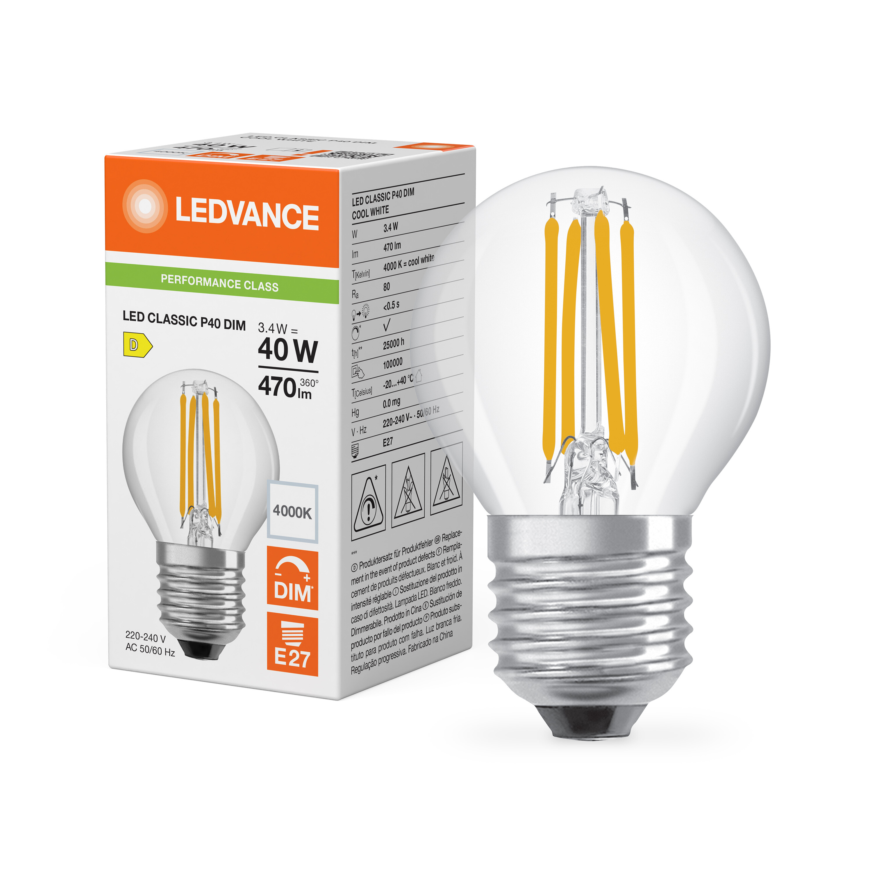 ledvance Ledpære clp 40 dim 470lm 840 cl e27 p