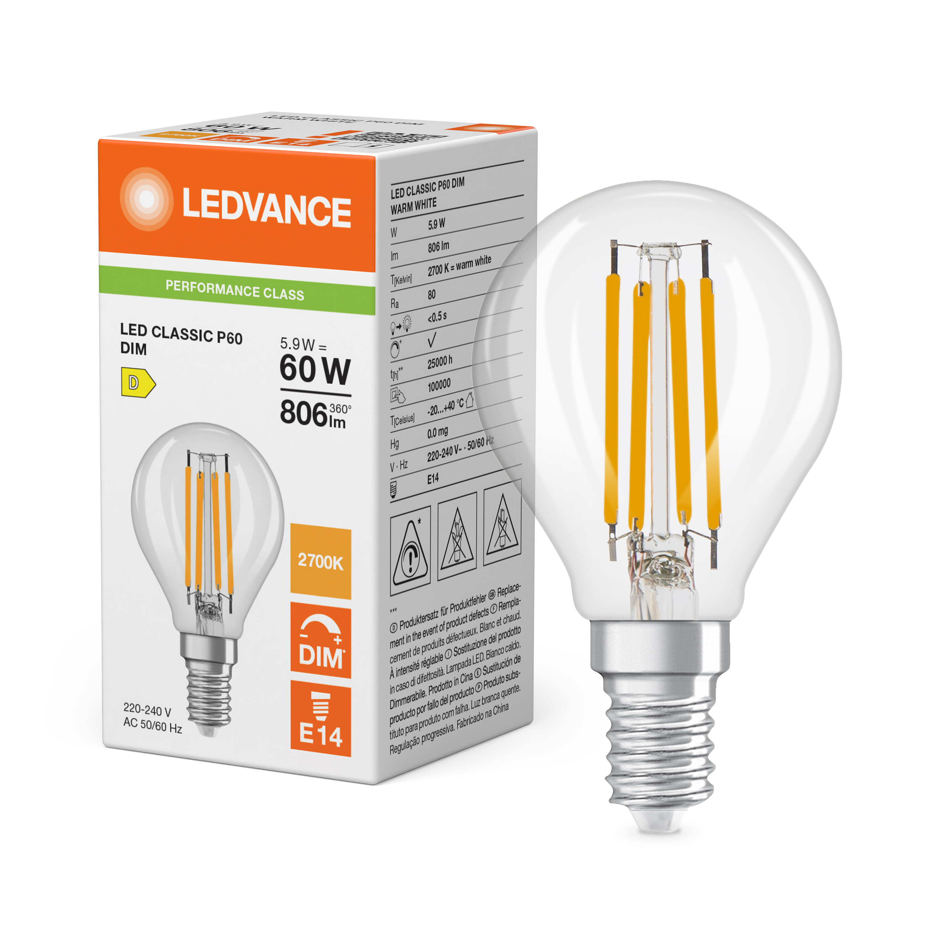 ledvance Ledpære clp 60 dim 806lm 827 cl e14 p