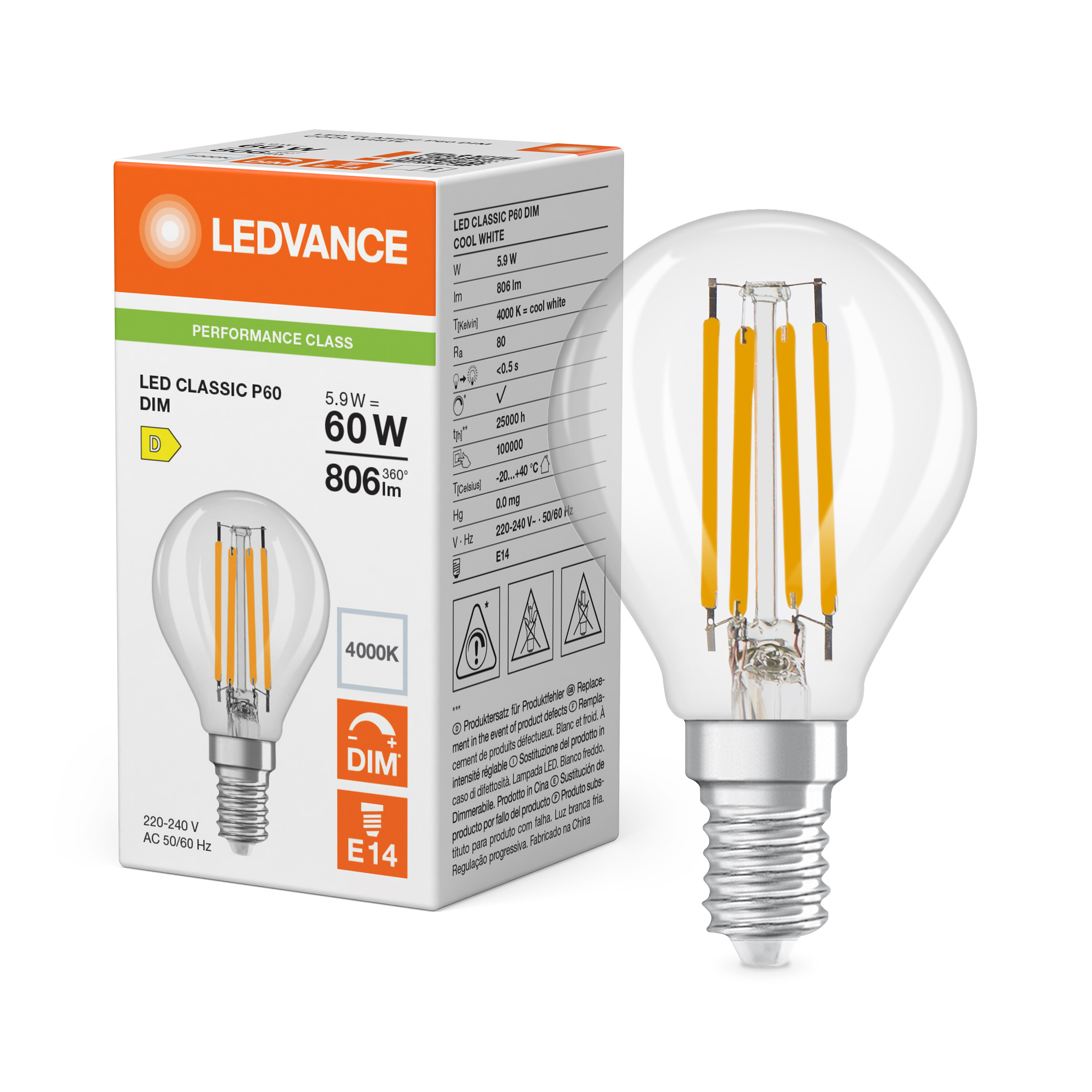 ledvance Ledpære clp 60 dim 806lm 840 cl e14 p