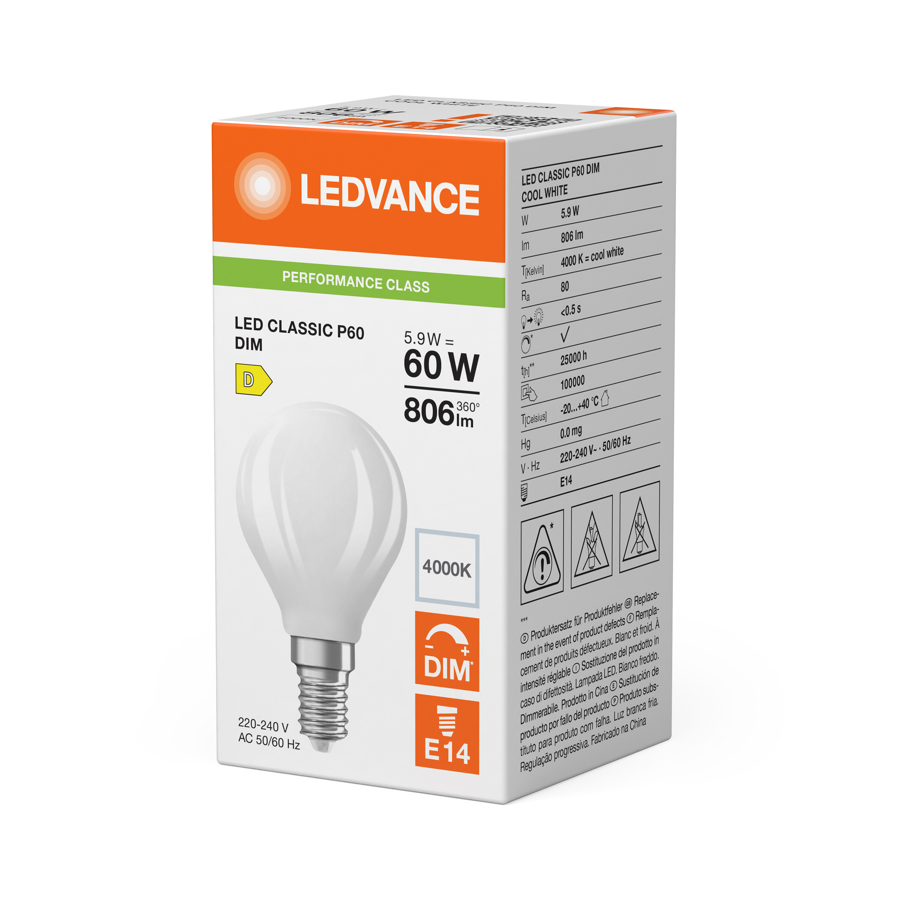 ledvance Ledpære clp 60 dim 806lm 840 fr e14 p