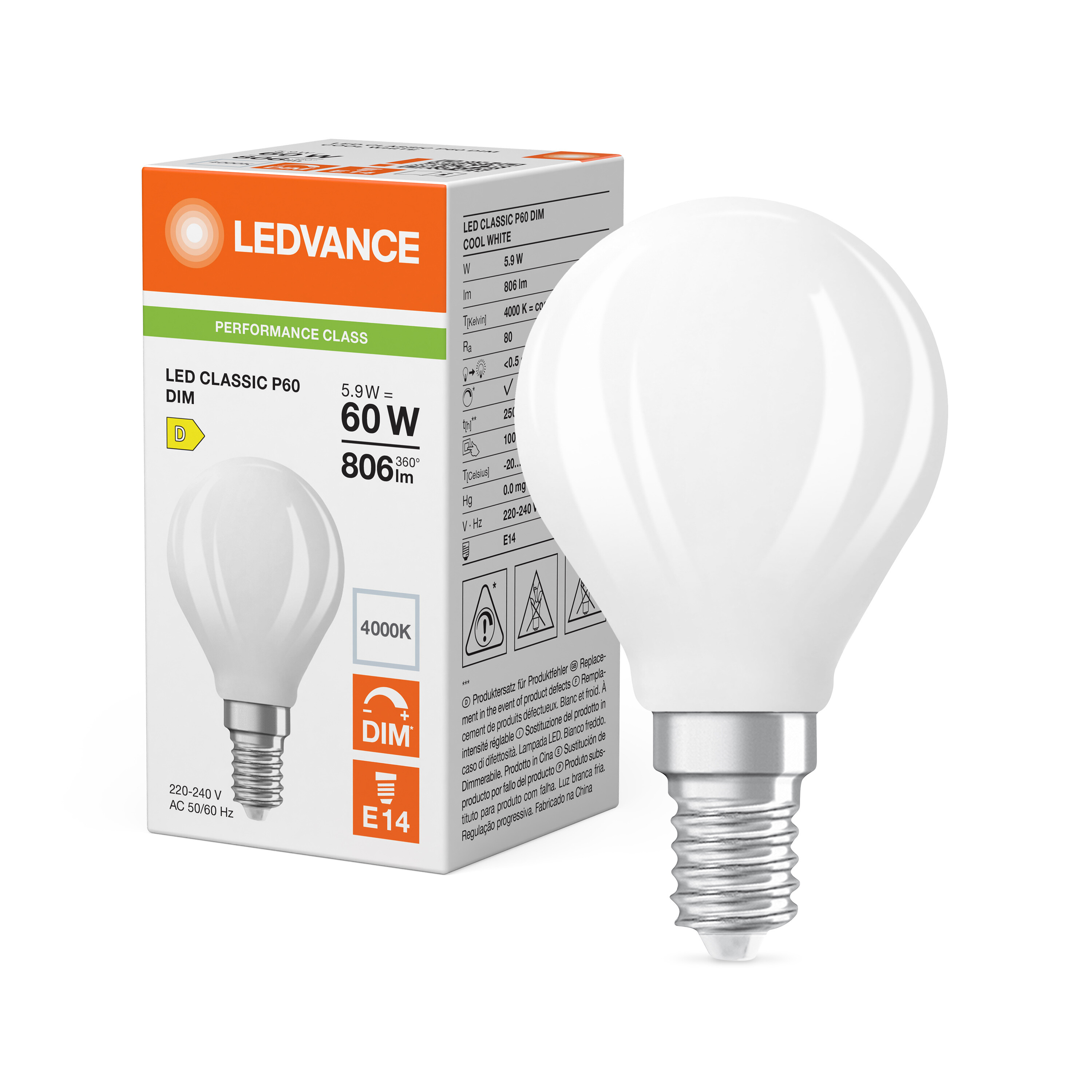 ledvance Ledpære clp 60 dim 806lm 840 fr e14 p