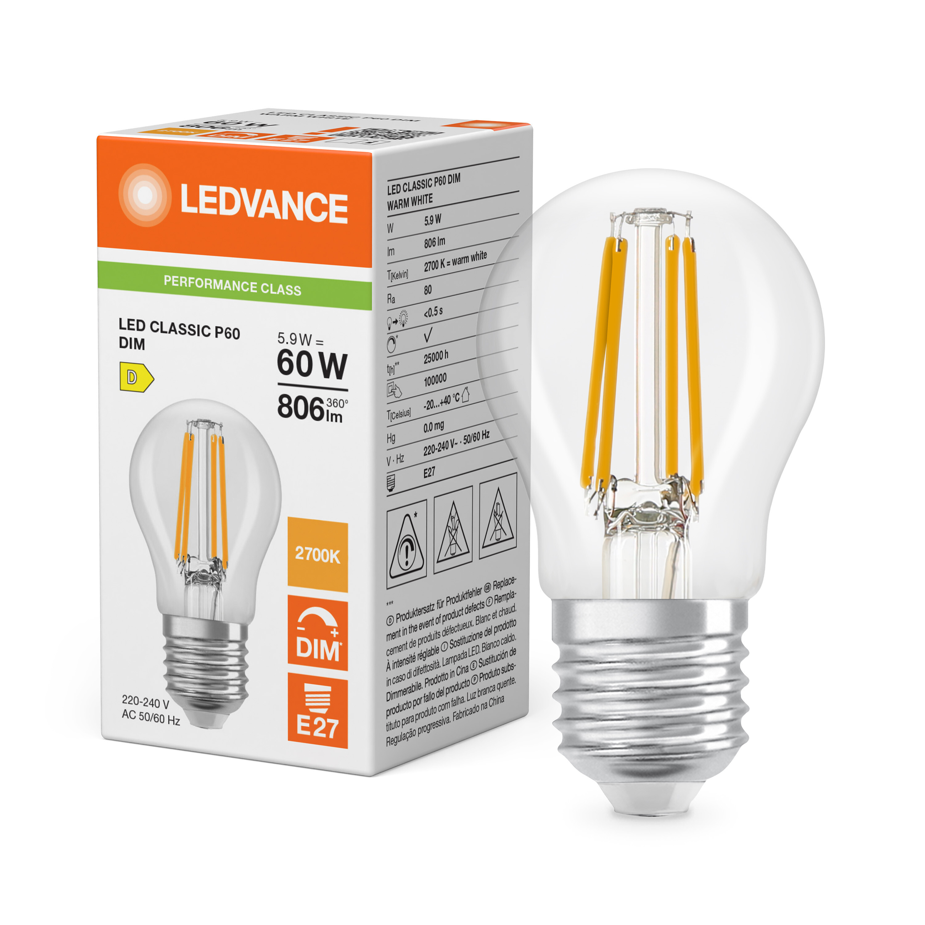 ledvance Ledpære clp 60 dim 806lm 827 cl e27 p