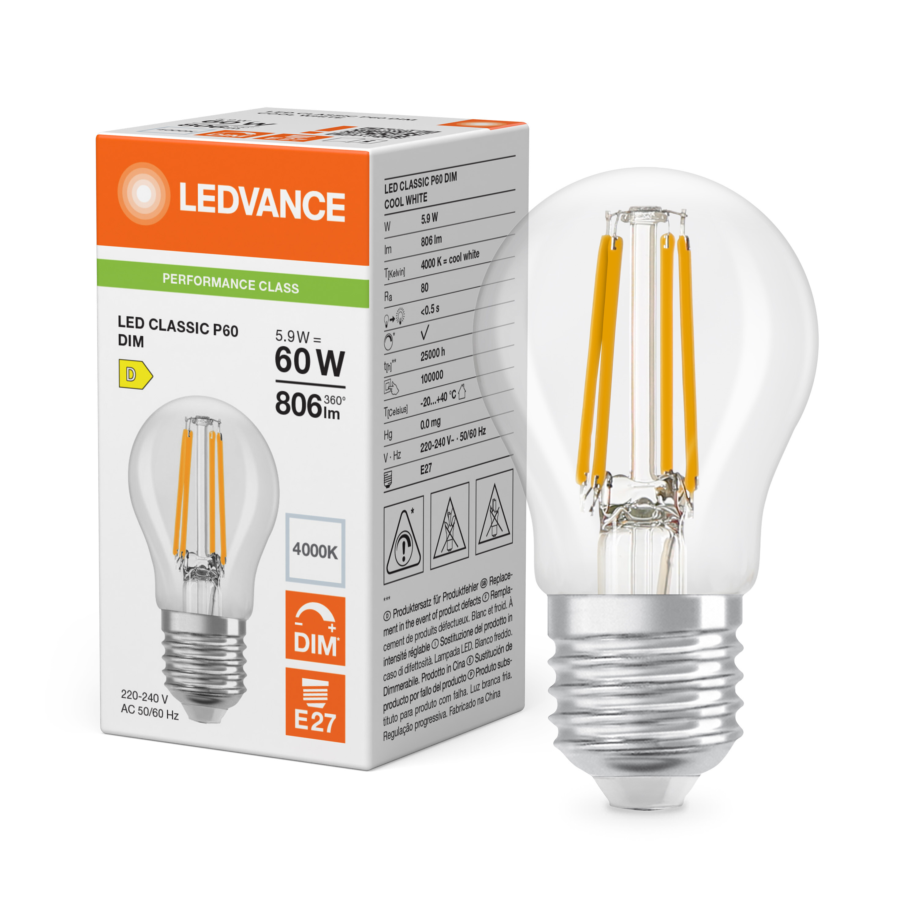 ledvance Ledpære clp 60 dim 806lm 840 cl e27 p
