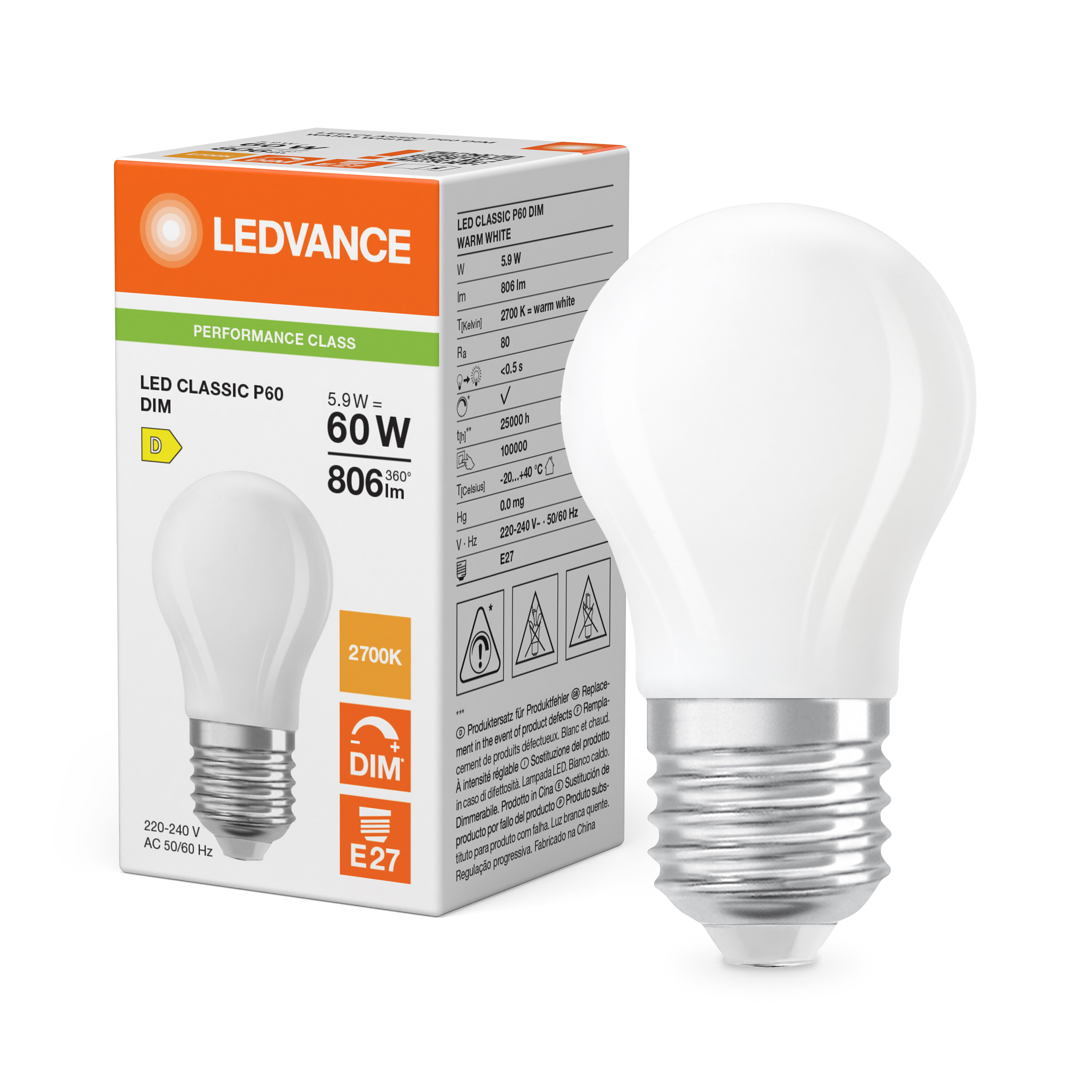 ledvance Ledpære clp 60 dim 806lm 827 fr e27 p