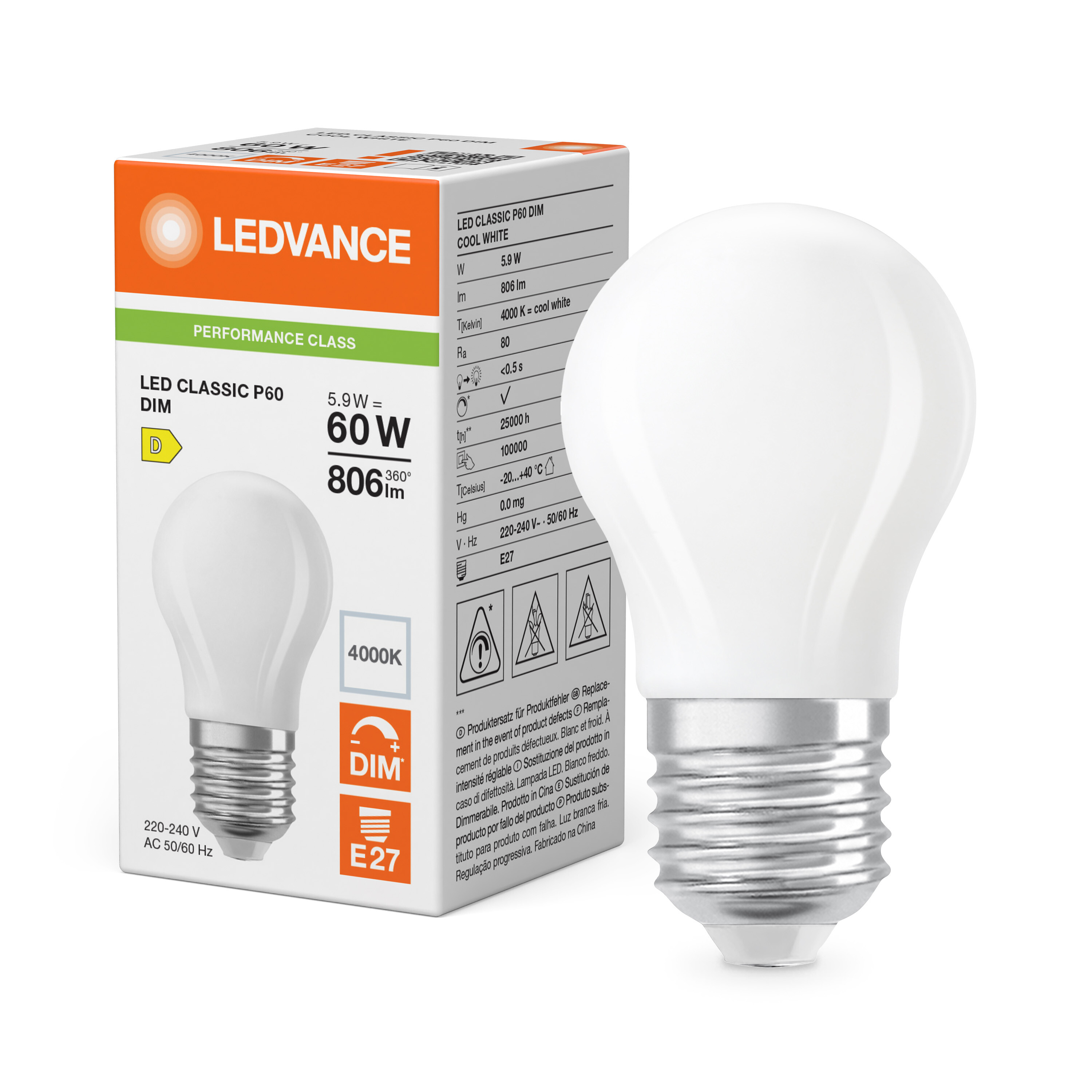 ledvance Ledpære clp 60 dim 806lm 840 fr e27 p