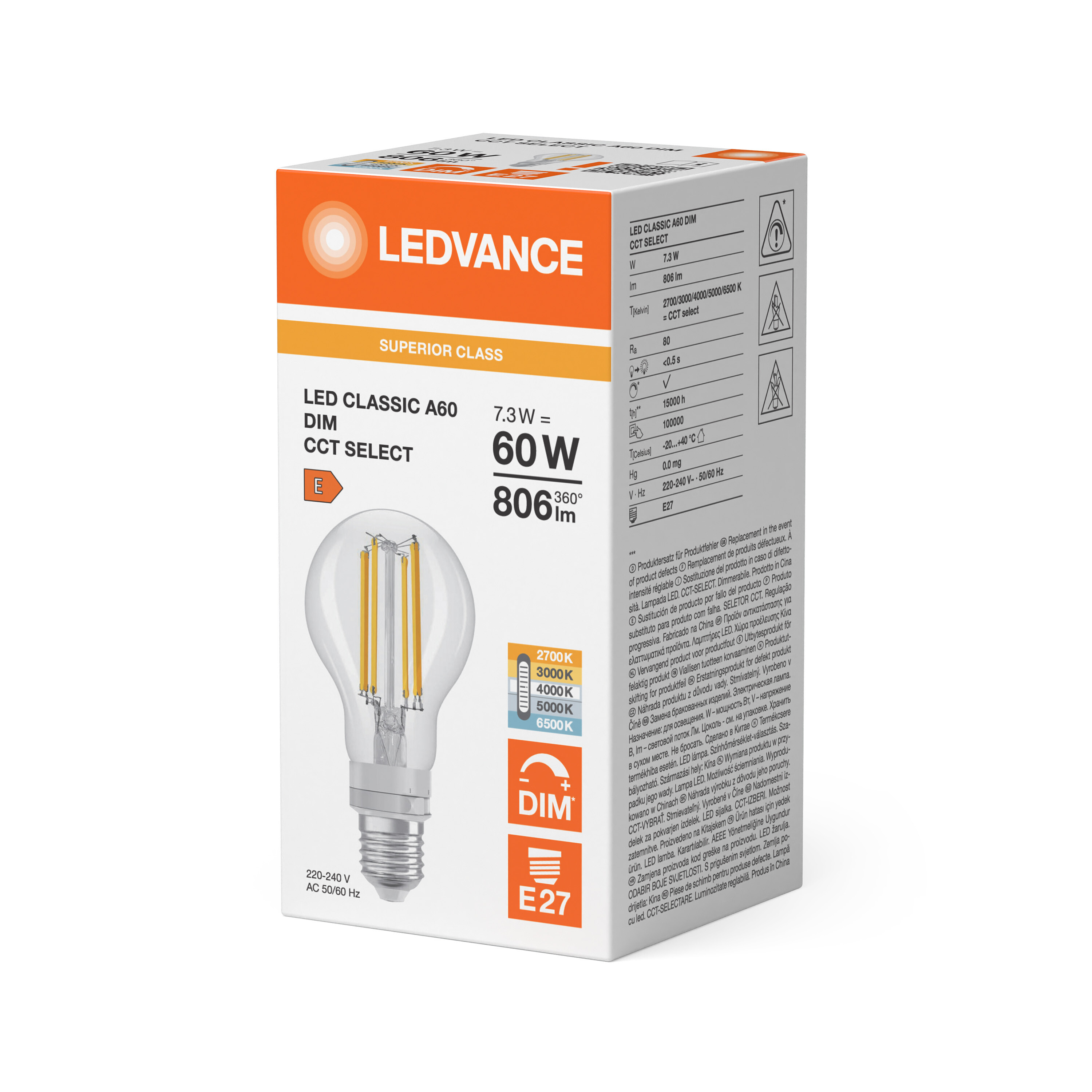 ledvance Ledpære cla 60 cct fil dim 806lm e27 s