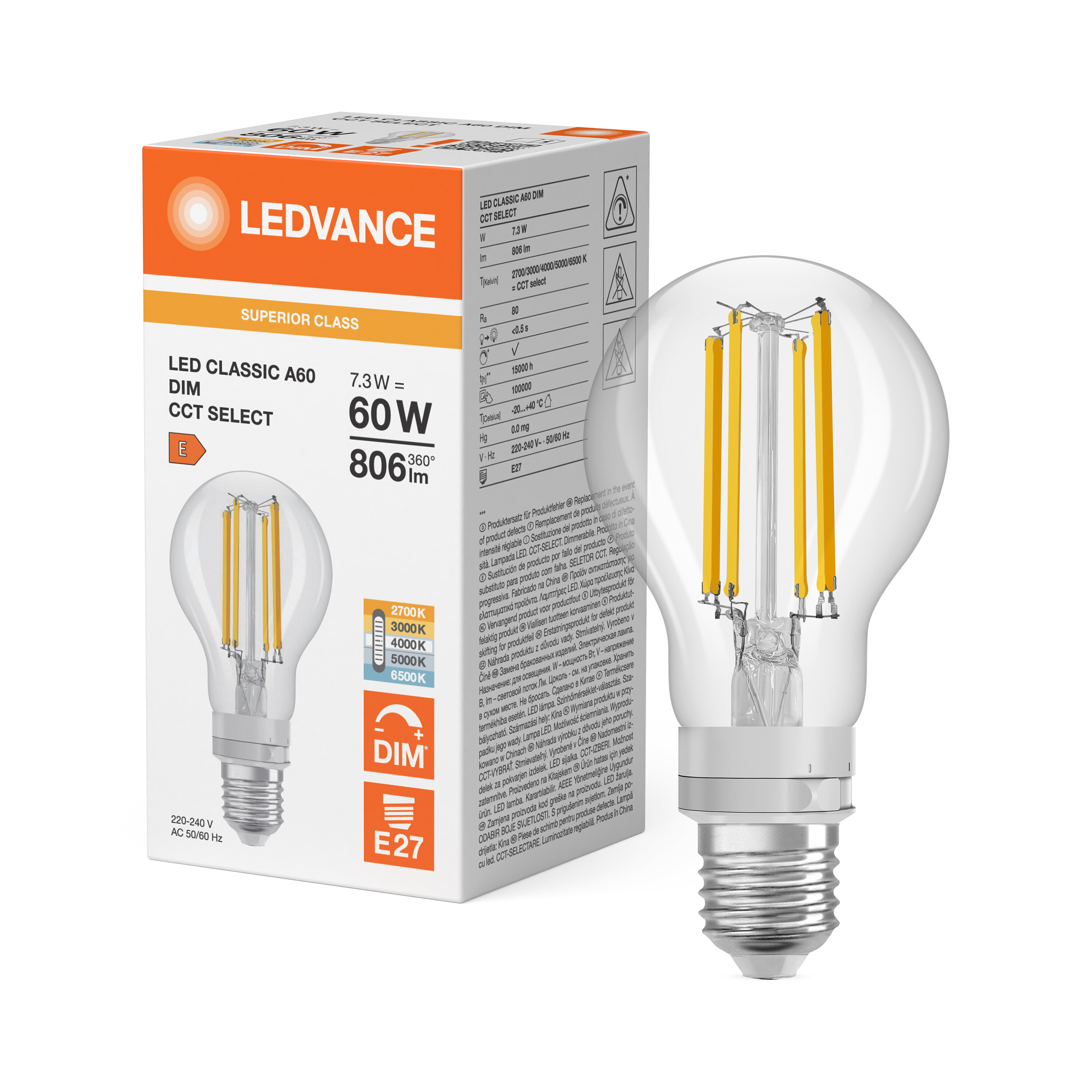 ledvance Ledpære cla 60 cct fil dim 806lm e27 s