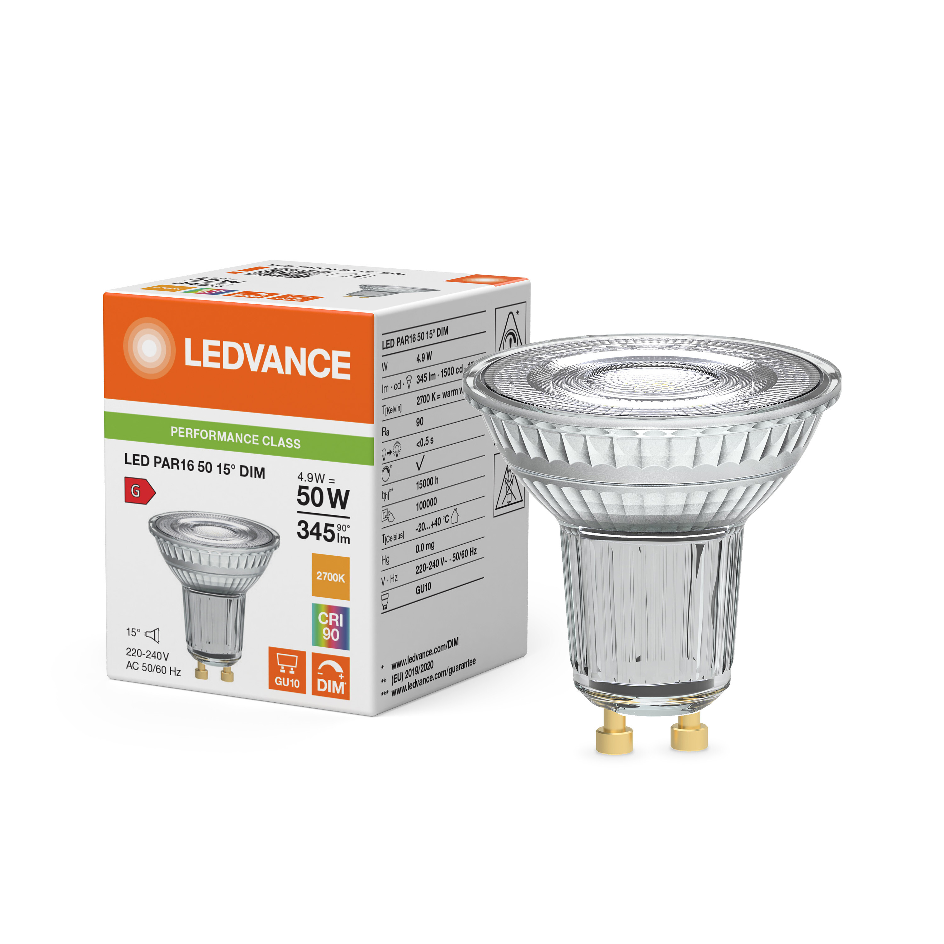 ledvance Ledspotpar16 50 15° dim 345lm 927 gu10 p