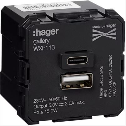 hager Trunking outlet gallery wxf113 usb a+c 230/5v 3a 2m