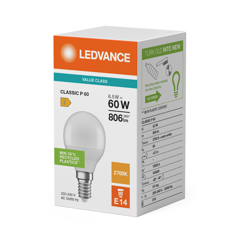 ledvance Minibollform lampa value clp 6,5w/827 806lm e14 op