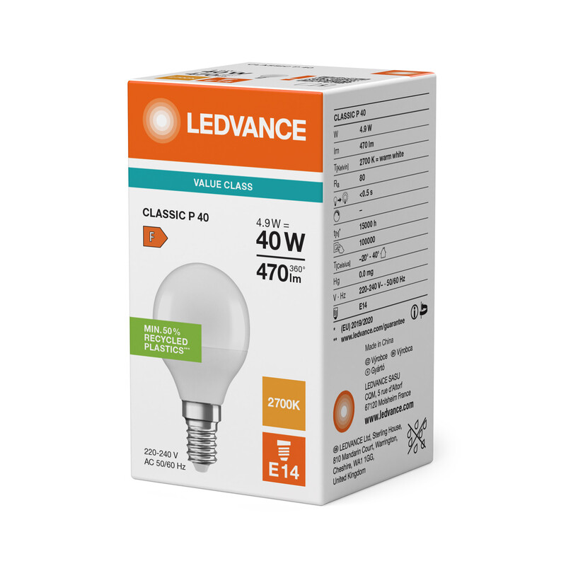 ledvance Minibollform lampa value clp 4,9w/827 470lm e14 op