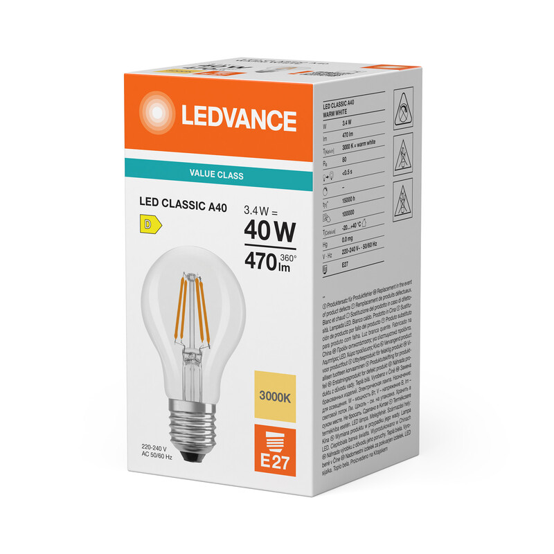 ledvance Standard lamp value classic cla 3,4w/830 470lm e27 cl