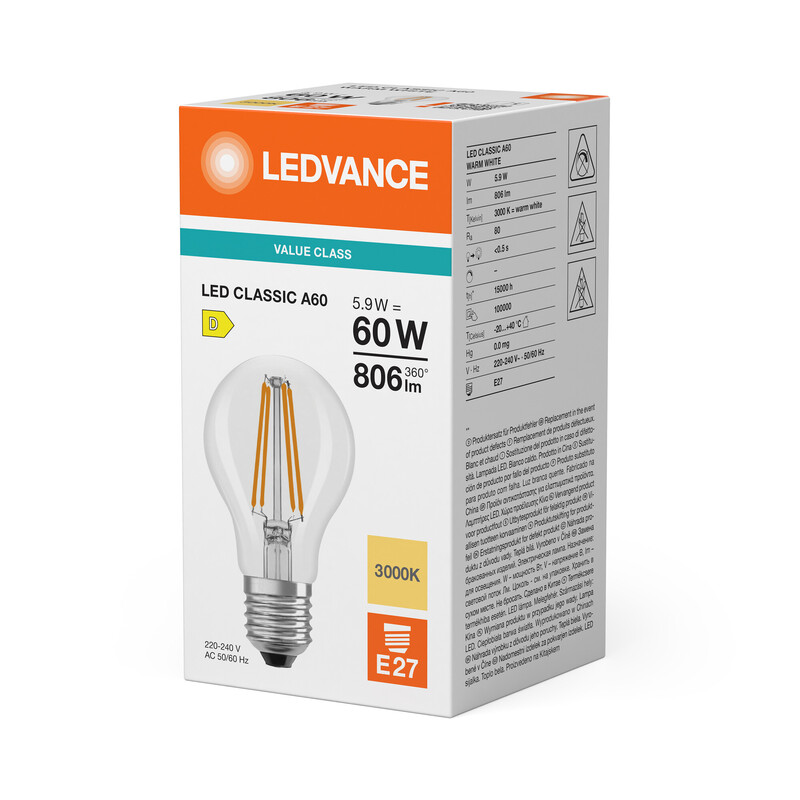 ledvance Standard lamp value classic cla 5,9w/830 806lm e27 cl