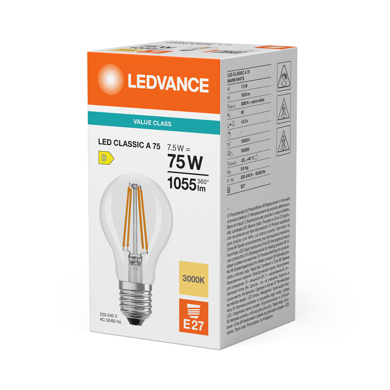 ledvance Standard lamp value classic cla 7,5w/830 1055lm e27 cl